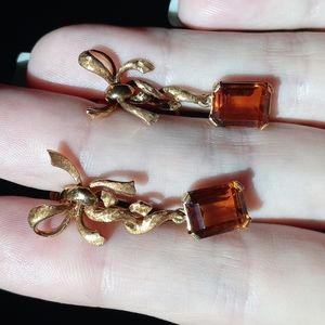 ❌SOLD❌18K Gold Vintage Ribbon Design Amber Citrine Drop Earrings